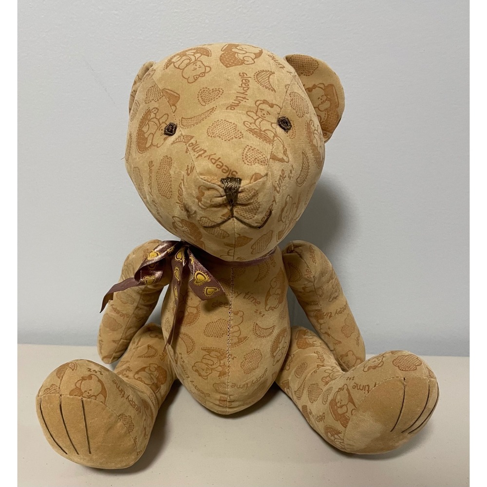 Toy Time Trading Sleepy Time Teddy Bear Tan All Over Print Plush Ribbon 10 inch